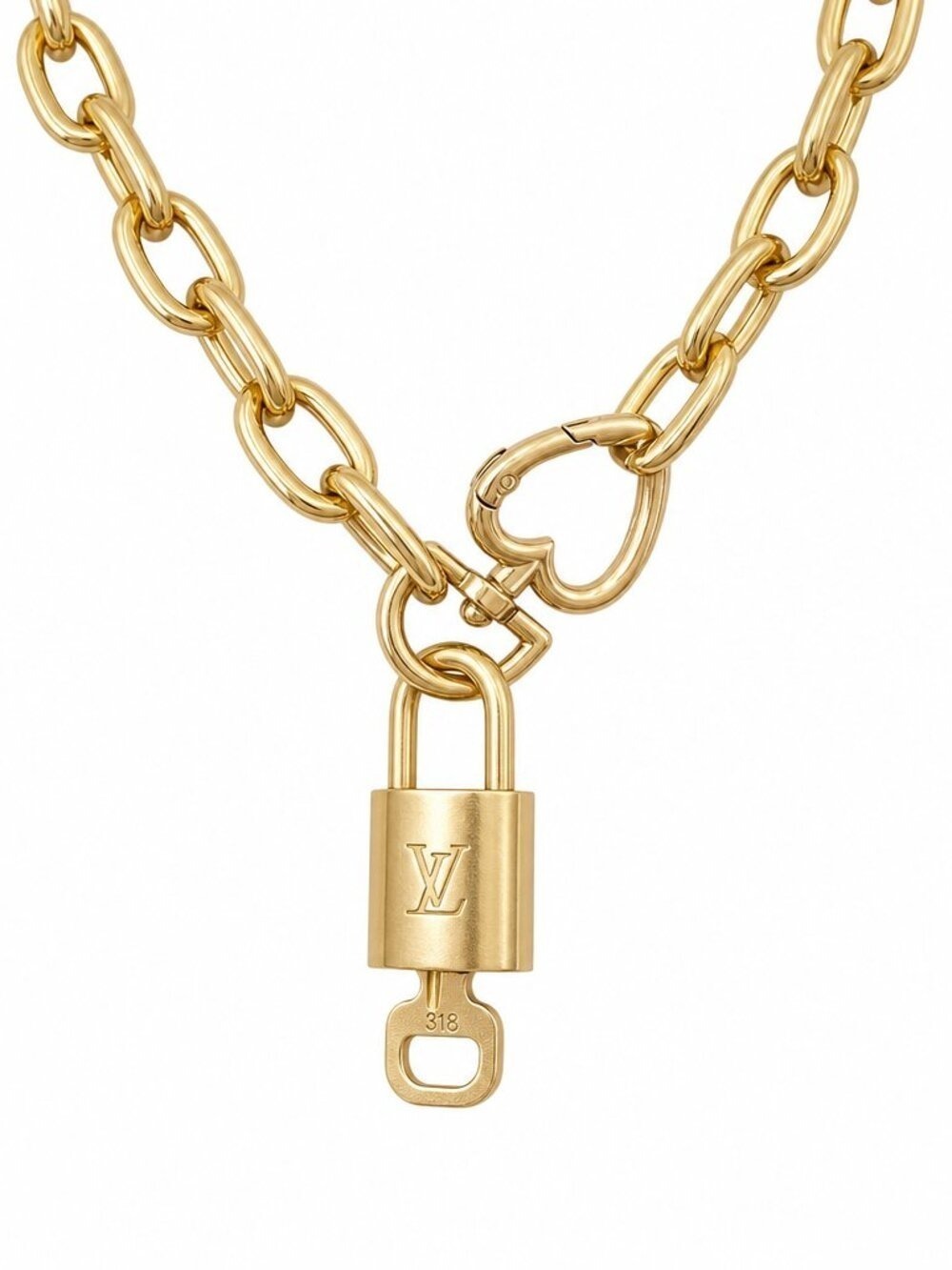 Authentic Louis Vuitton Lock & Key #315 Necklace on Gold Heart Chain – 16”